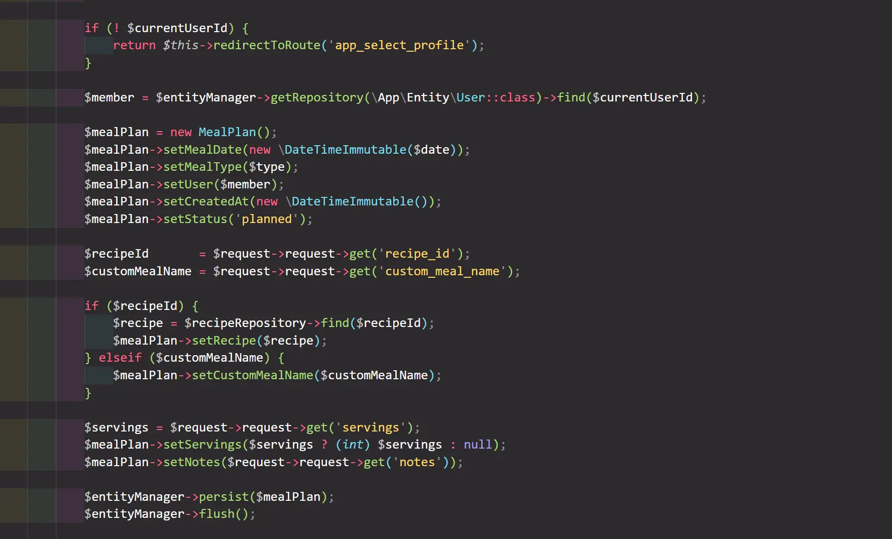 Capture de code du projet Mon Carnet Gourmand